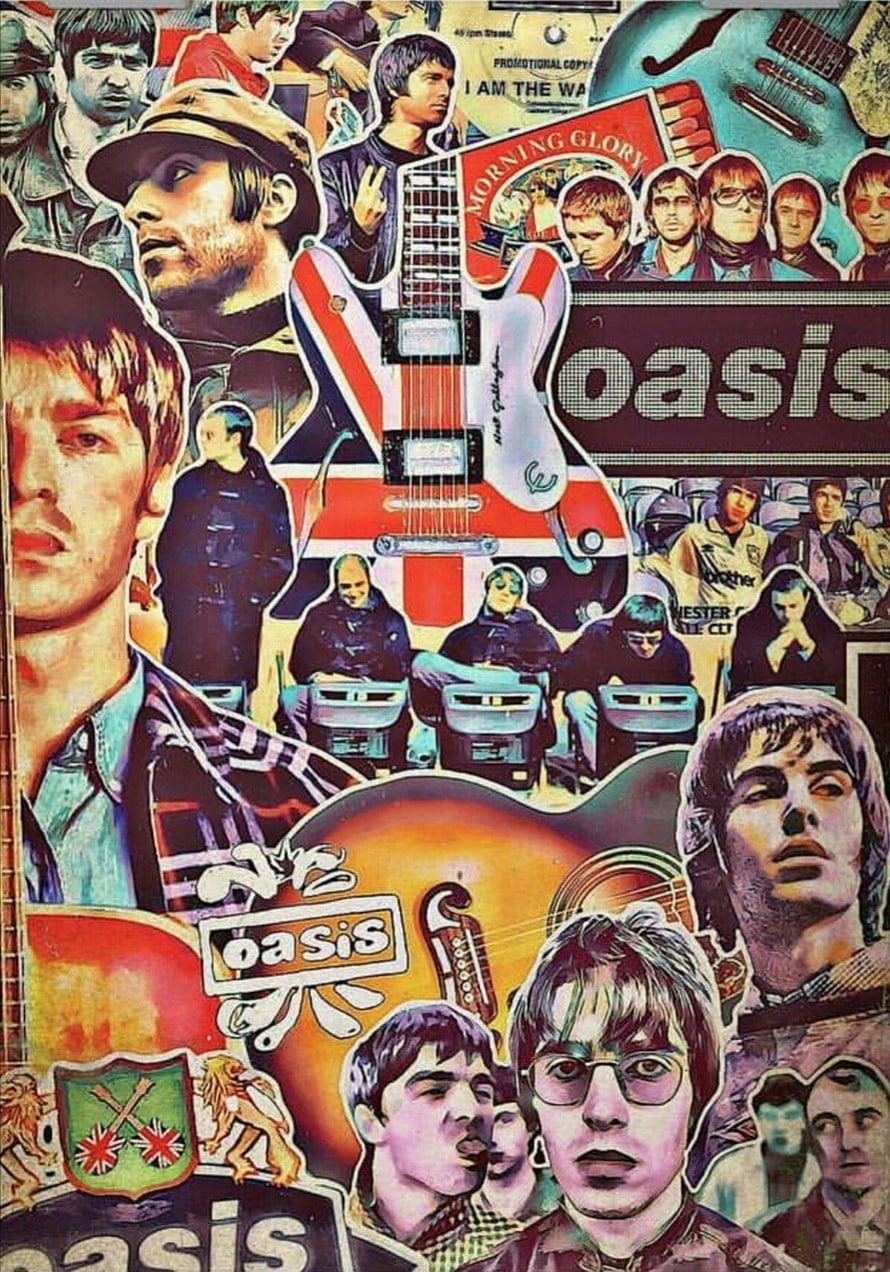 Oasis Band Collage Poster Featuring Noel and Liam Gallagher with Union Jack Guitar HD phone wallpaper