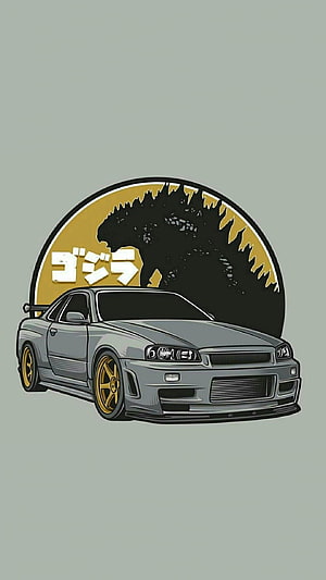 Nissan Skyline R34 JDM Artwork with Godzilla Silhouette and Gold Wheels HD phone wallpaper
