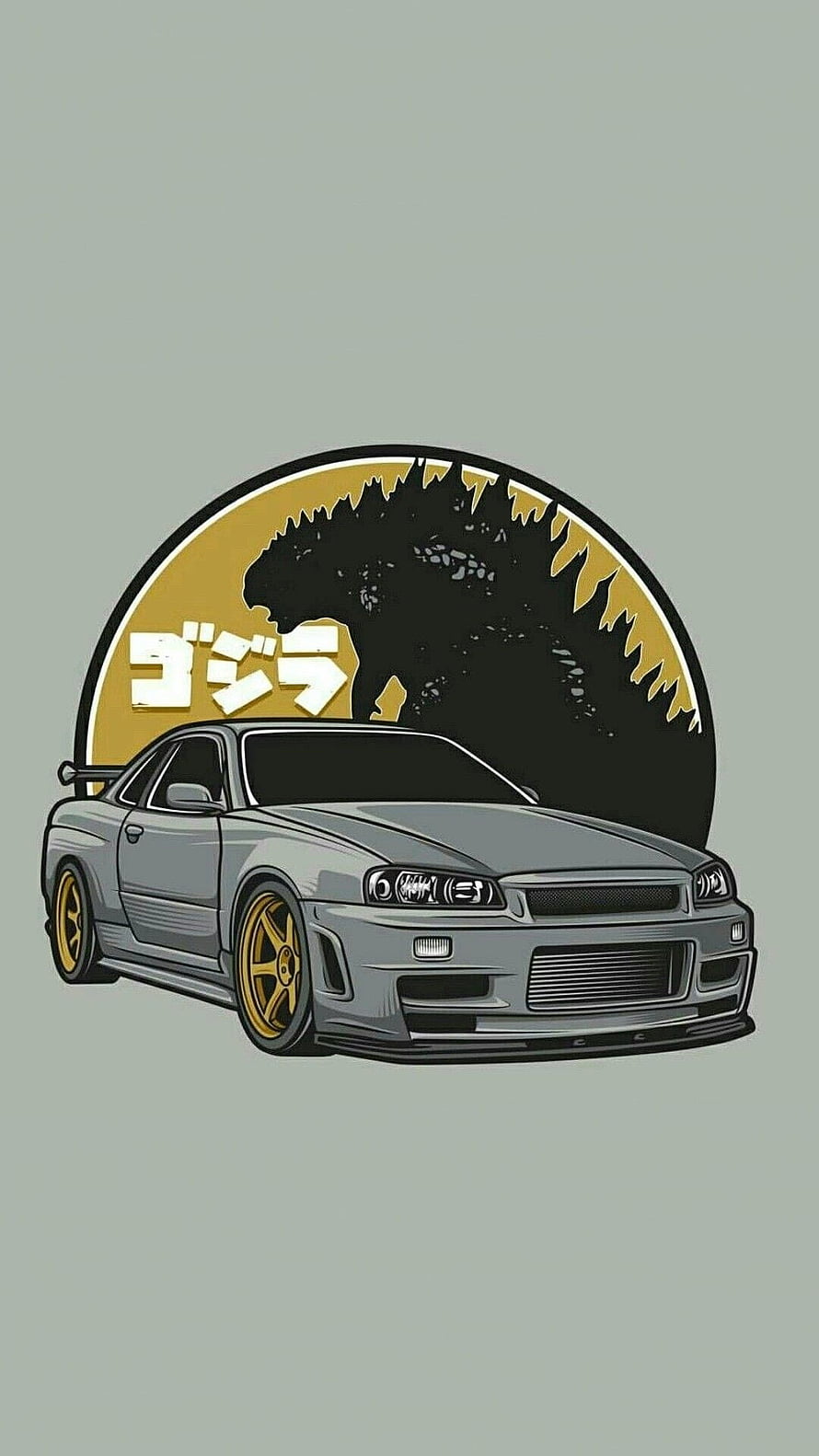 Nissan Skyline R34 JDM Artwork with Godzilla Silhouette and Gold Wheels HD phone wallpaper