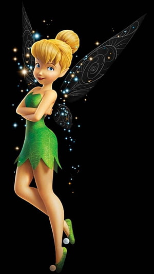 Tinkerbell in Green Leaf Dress with Glowing Wings on Black Background HD phone wallpaper