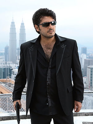 Ajith Kumar as Billa in Black Suit with Gun on Rooftop HD phone wallpaper