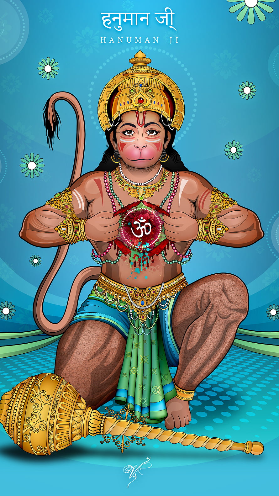 Hanuman Ji Hindu Deity Illustration with Gada and Om Symbol, Hanuman, Bajrangbali, Lord Hanuman HD phone wallpaper