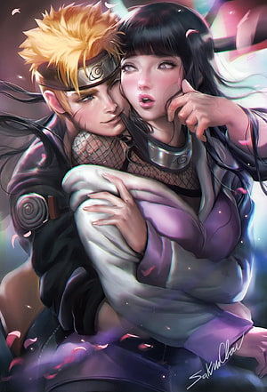 Naruto and Hinata romantic anime wallpaper featuring the couple embracing with falling petals, Sakimichan, realistic, Uzumaki Naruto, Hyuuga Hinata HD phone wallpaper