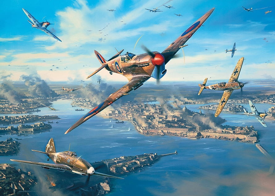World War II Aerial Dogfight Over Malta with Spitfire and Bf 109 Fighters HD wallpaper