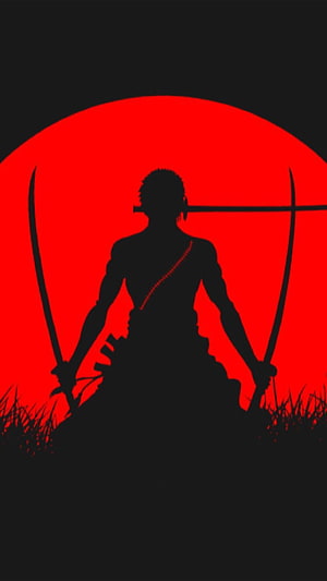 Roronoa Zoro Silhouette with Three Swords Against a Red Sun HD phone wallpaper