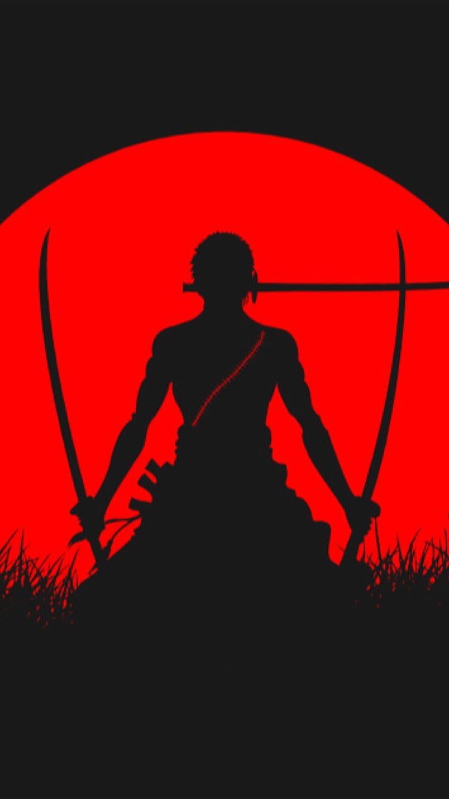 Roronoa Zoro Silhouette with Three Swords Against a Red Sun HD phone wallpaper