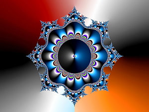 Symmetrical Fractal Mandala with Vibrant Blue and Purple Petals on a Gradient Background HD wallpaper