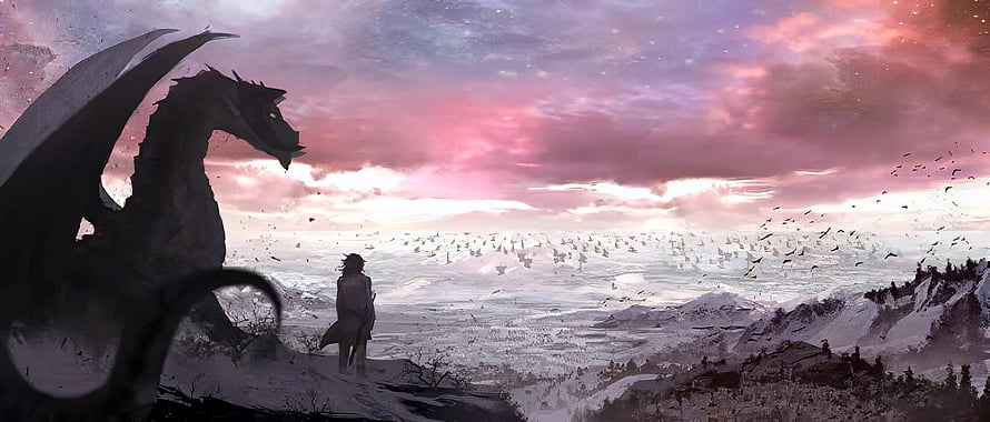 Arthur Leywin and Dragon Silhouette Over Snowy Battlefield at Dusk HD wallpaper