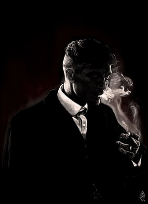 Thomas Shelby Smoking Cigarette in Dark Suit with Dramatic Smoke and Shadow HD phone wallpaper