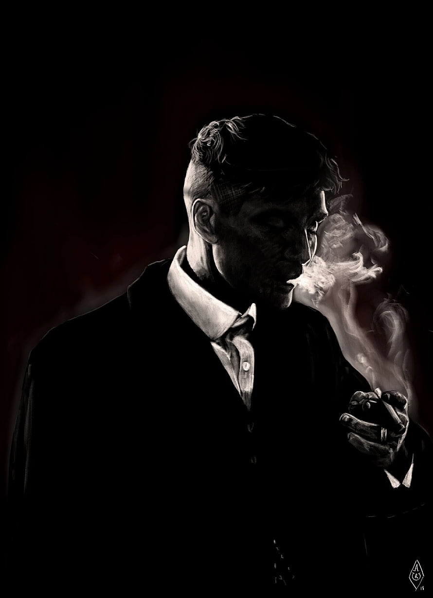 Thomas Shelby Smoking Cigarette in Dark Suit with Dramatic Smoke and Shadow HD phone wallpaper