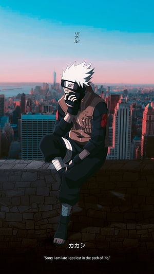 Kakashi Hatake Sitting on Wall with City Skyline Background Anime Wallpaper HD phone wallpaper