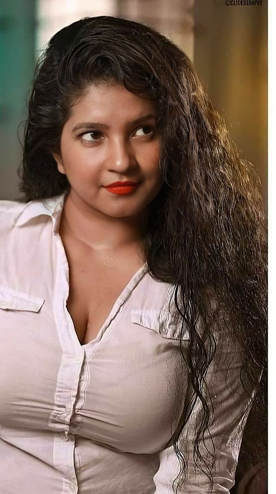 Subha Punja Portrait in White Shirt with Long Wavy Hair and Red Lipstick HD phone wallpaper