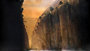 Giant Cloaked Figures Looming Over Tiny Traveler in Dark Canyon HD wallpaper