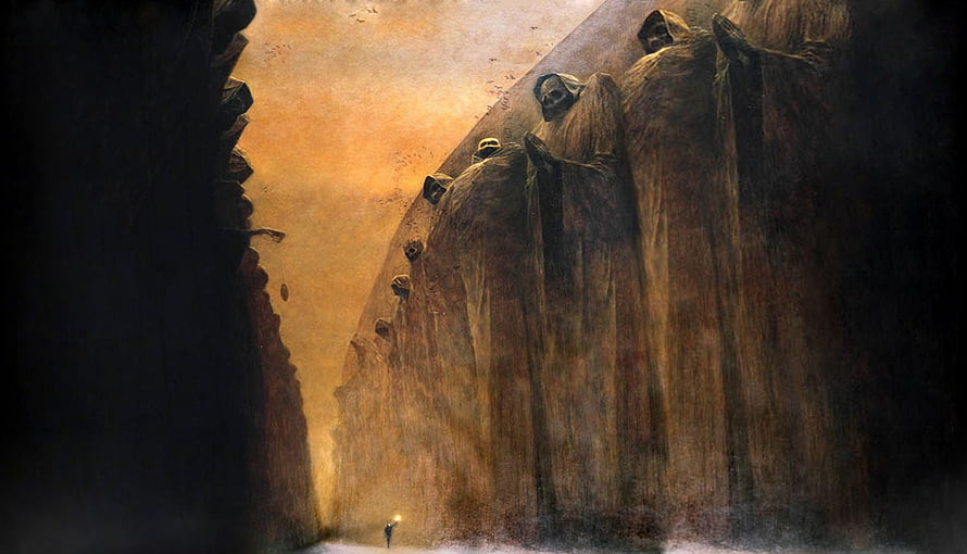 Giant Cloaked Figures Looming Over Tiny Traveler in Dark Canyon HD wallpaper