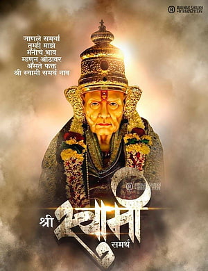 Portrait of Sai Baba of Shirdi with Golden Crown and Floral Garlands HD phone wallpaper