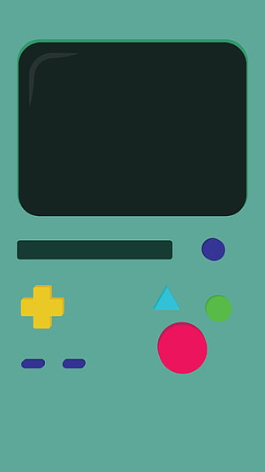 BMO Game Boy Style Handheld Console with Colorful Buttons and Dark Screen HD phone wallpaper