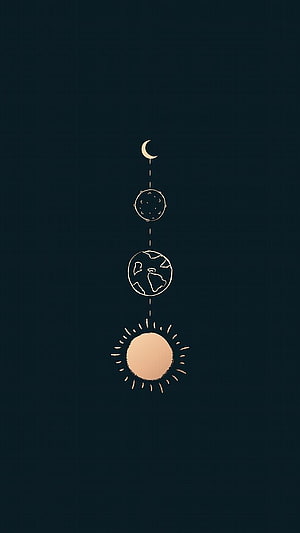 Minimalist Celestial Line Art with Moon, Earth, and Sun on Dark Background HD phone wallpaper