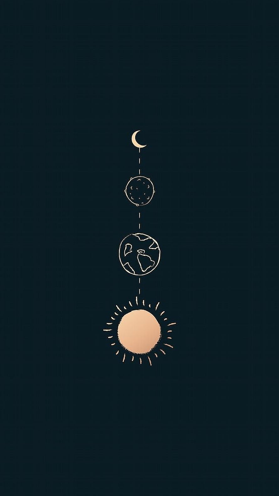 Minimalist Celestial Line Art with Moon, Earth, and Sun on Dark Background HD phone wallpaper