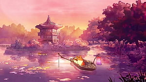 Cute Corgi Relaxing in a Wooden Boat on a Pink Lake at Sunset with Traditional Pagoda HD wallpaper