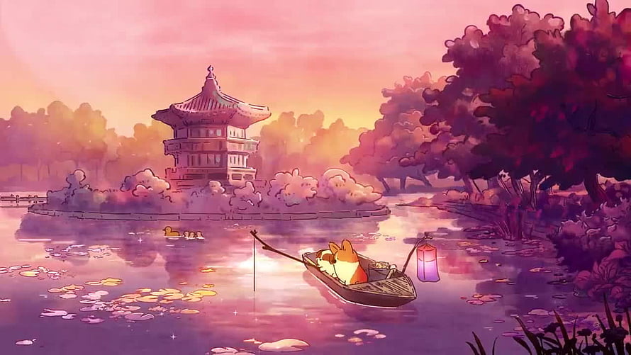 Cute Corgi Relaxing in a Wooden Boat on a Pink Lake at Sunset with Traditional Pagoda HD wallpaper