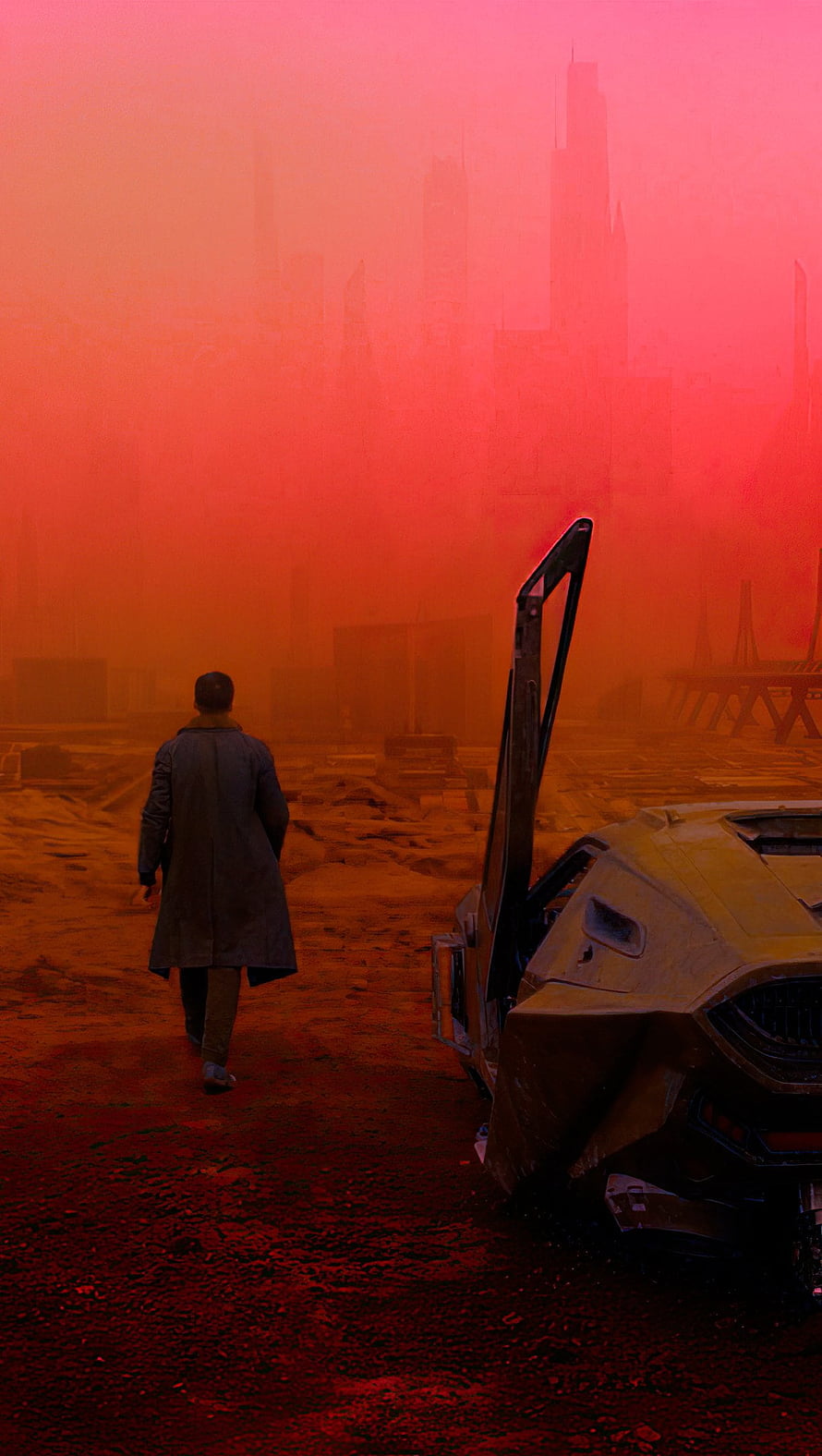 Man Walking Away From Abandoned Futuristic Car In Red Hazy Wasteland, Peugeot Blade runner 2049 Ultra HD phone wallpaper