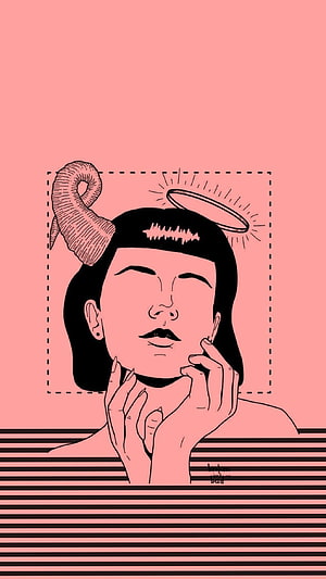 Pink and Black Line Art Illustration of a Girl with Horn and Halo HD phone wallpaper