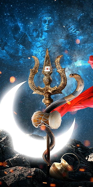 Lord Shiva Trishul and Damru with Cobra and Crescent Moon HD phone wallpaper