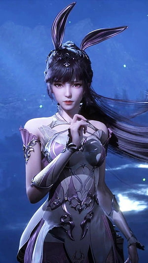 Xiao Xiao from Soul Land wearing purple bunny ears and fantasy armor HD phone wallpaper