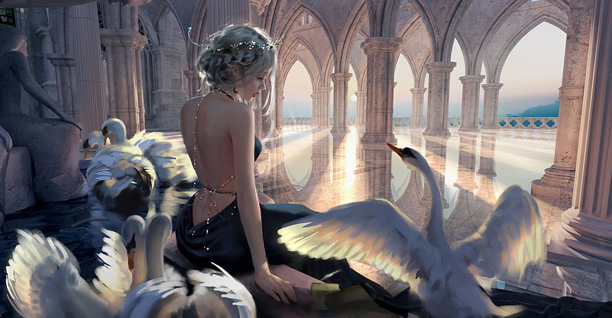Wlop Fantasy Artwork: Silver-Haired Princess with Swans in Gothic Cathedral HD wallpaper
