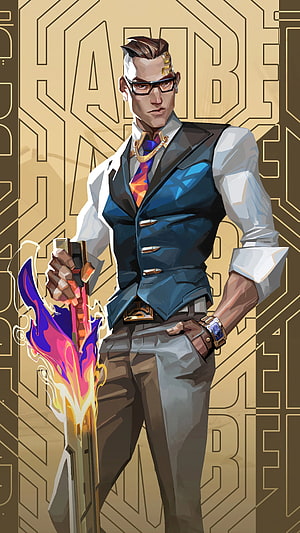 Valorant Chamber Character Art with Golden Background and Stylized Weapon HD phone wallpaper