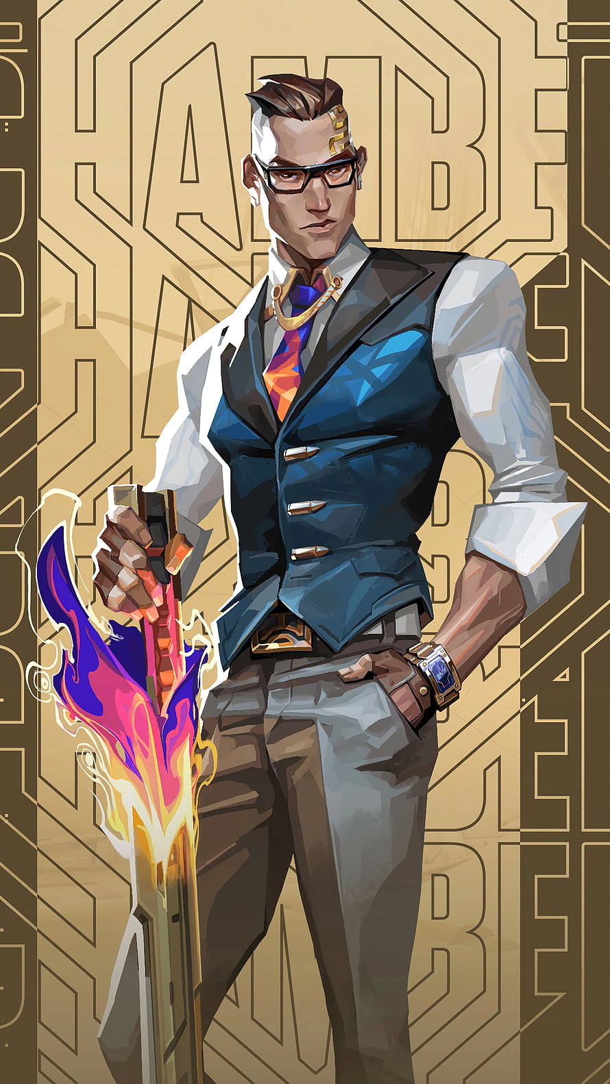 Valorant Chamber Character Art with Golden Background and Stylized Weapon HD phone wallpaper