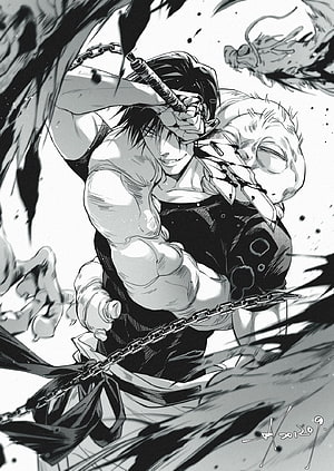 Black and white manga illustration of a muscular warrior wielding a chain weapon against a dragon, Toji Fushiguro HD phone wallpaper