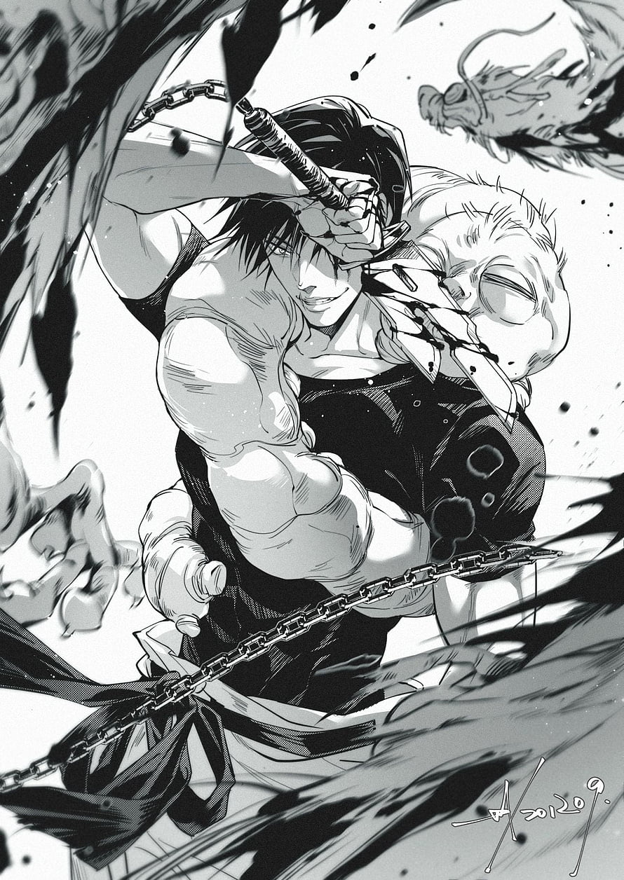 Black and white manga illustration of a muscular warrior wielding a chain weapon against a dragon, Toji Fushiguro HD phone wallpaper