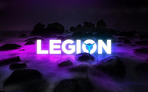 Lenovo Legion Gaming Logo on Dark Rocky Shore with Purple Neon Lights HD wallpaper