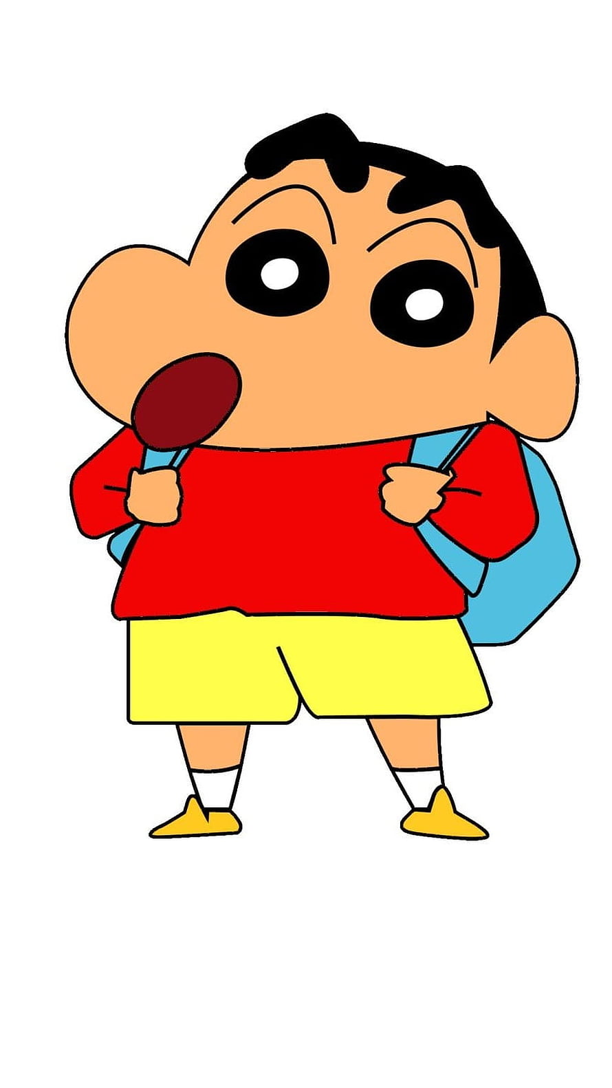 Shin-chan Cartoon Character Wearing Red Shirt and Yellow Shorts with Blue Backpack HD phone wallpaper
