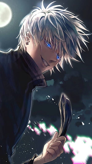 Gojo Satoru from Jujutsu Kaisen with glowing blue eyes and dark coat under a full moon HD phone wallpaper