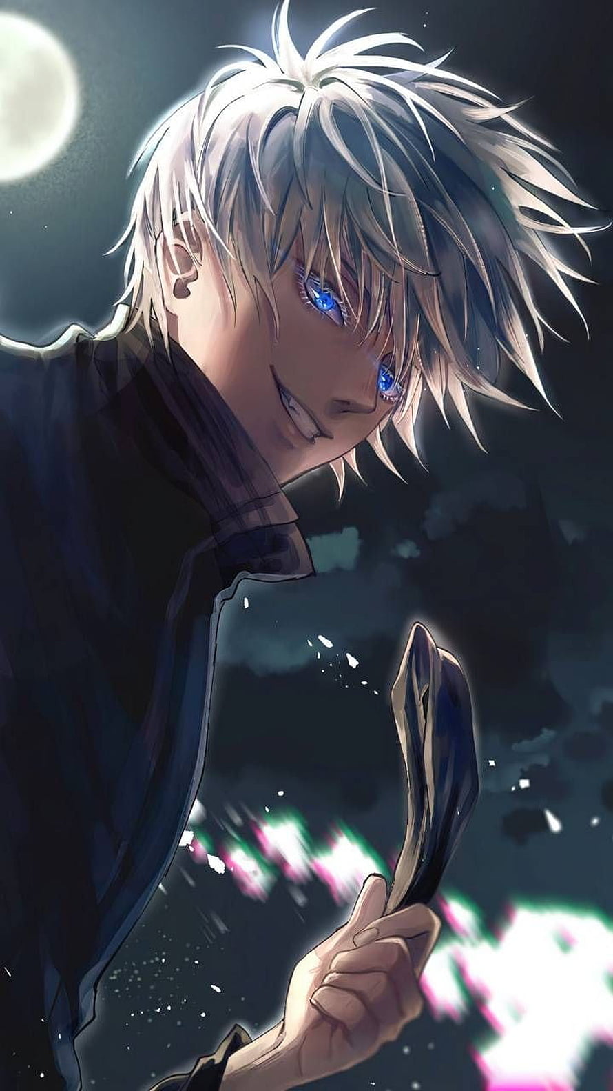 Gojo Satoru from Jujutsu Kaisen with glowing blue eyes and dark coat under a full moon HD phone wallpaper