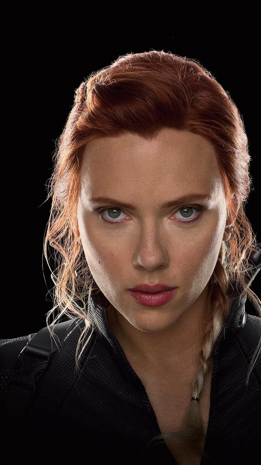 Scarlett Johansson as Black Widow in a dramatic close-up portrait with braided red hair against a dark background HD phone wallpaper