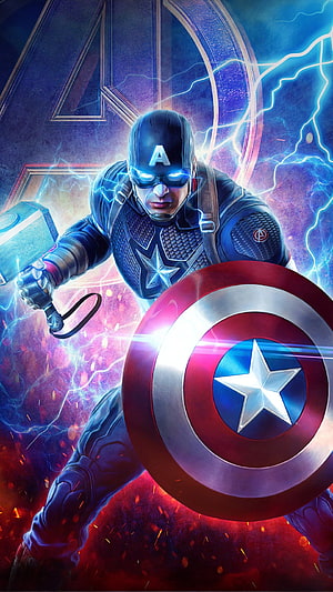 Captain America Wielding Mjolnir with Shield in Avengers 4 Cinematic Art HD phone wallpaper