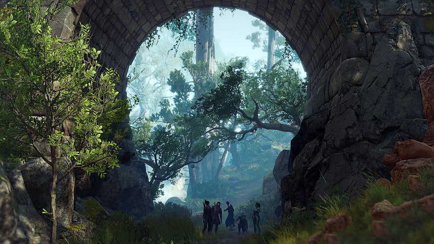 Baldur's Gate 3 Ancient Stone Archway Framing Misty Forest and Adventurers HD wallpaper