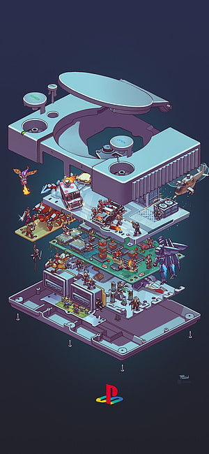 PlayStation 5 Exploded View Artwork Featuring Iconic Video Game Characters and Scenes HD phone wallpaper