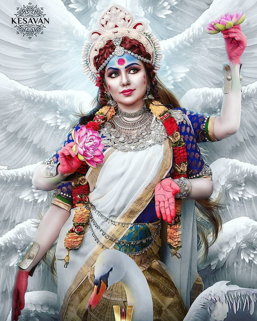 Divine Hindu Goddess Kesavan with White Wings and Swan Vahana HD phone wallpaper