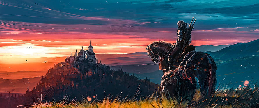 Geralt of Rivia on horseback overlooking a distant castle at sunset in a fantasy landscape HD wallpaper