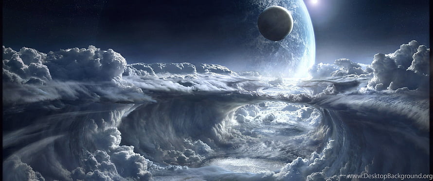 Cinematic Sci-Fi Landscape Featuring a Massive Planet and Moon Above a Vast Cloud Sea HD wallpaper