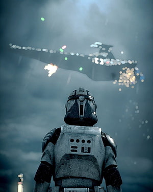 Clone Trooper Looking Up At Star Destroyer In Foggy Atmosphere HD phone wallpaper