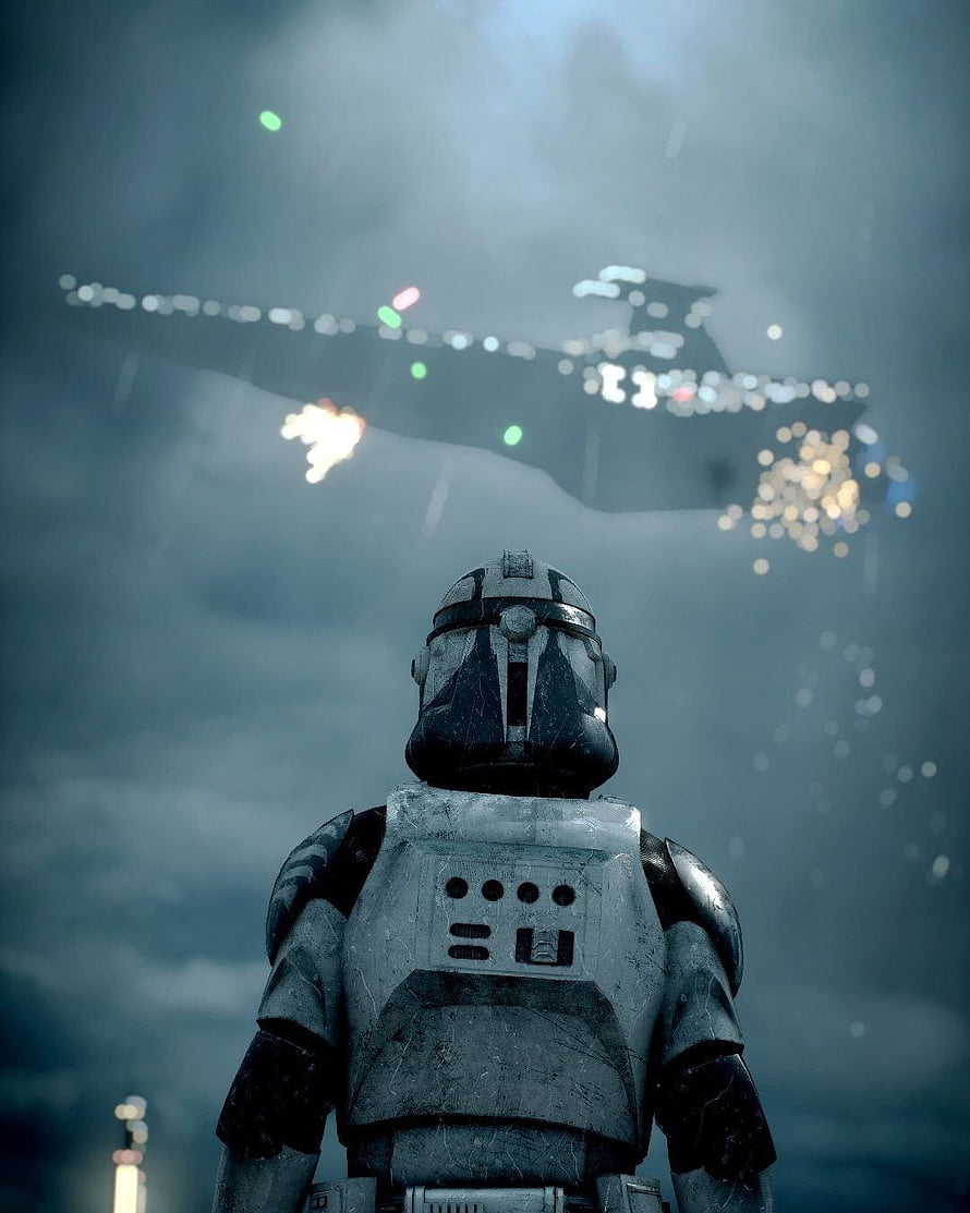 Clone Trooper Looking Up At Star Destroyer In Foggy Atmosphere HD phone wallpaper