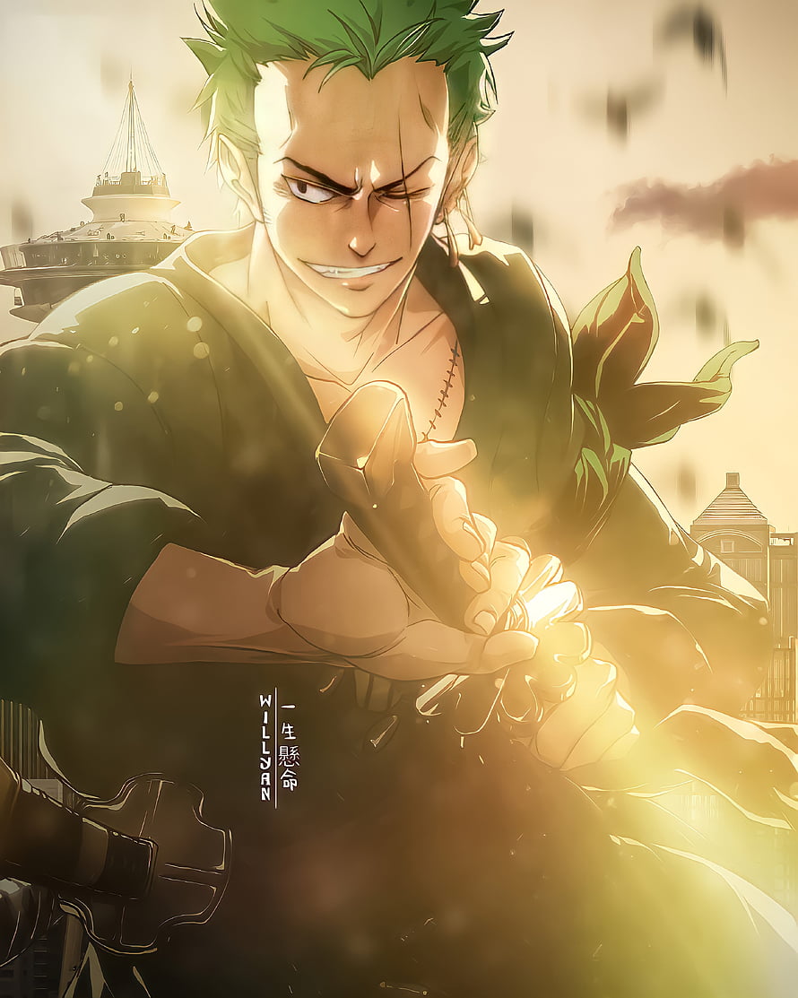 Roronoa Zoro One Piece Anime Character Holding Sword Hilt With Determined Expression HD phone wallpaper