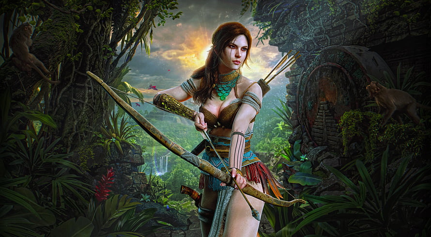 Lara Croft Archery in Ancient Jungle Ruins with Bow and Quiver HD wallpaper