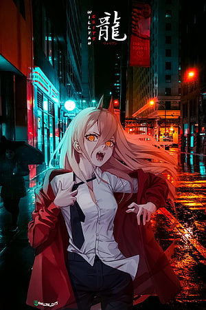 Anime girl with horns and fangs in a red coat running through a rainy neon city street at night HD phone wallpaper
