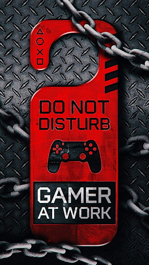 Red Gamer at Work Door Hanger with PlayStation Controller Icon and Metal Chain Background HD phone wallpaper